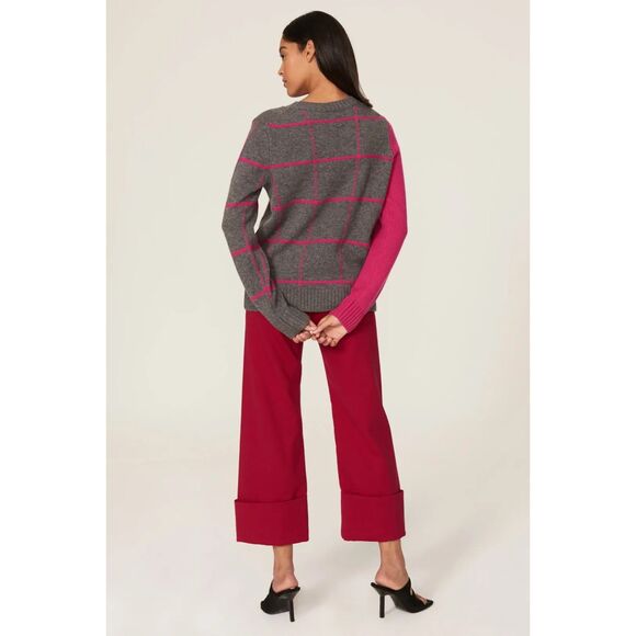 MILLY Intarsia Windowpane Sweater in Grey & Hot Pink Wool Cashmere Blend Size S - Picture 5 of 15